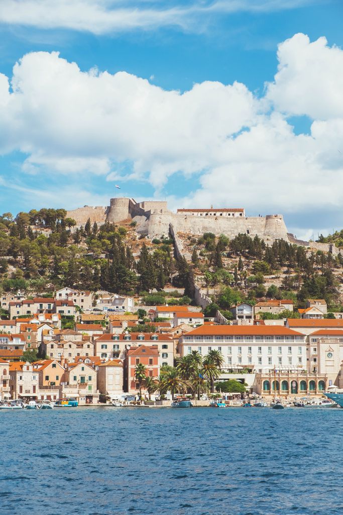 Scenic view of a historic fortress above Hvar town on the Adriatic Sea, Croatia.